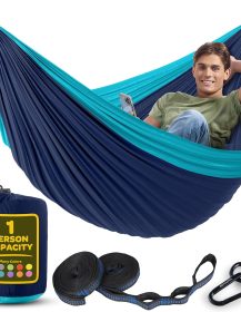 Durable Hammock 400 lb Capacity, Nylon Camping Hammock Chair - Double or Single Sizes w/Tree Straps and Attached Carry Bag - Portable for Travel/Backpacking/Beach/Backyard (Medium, Blue & Light Blue)